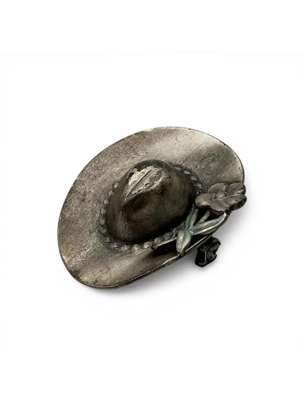 Vintage Silver Tone Western Hat Shaped Brooch with Floral Accent